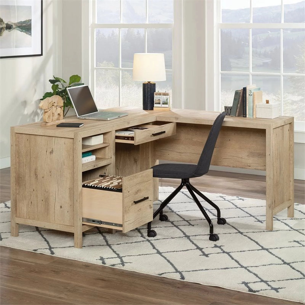 L-Shaped Engineered Wood Home Office Desk in Prime Oak A237117