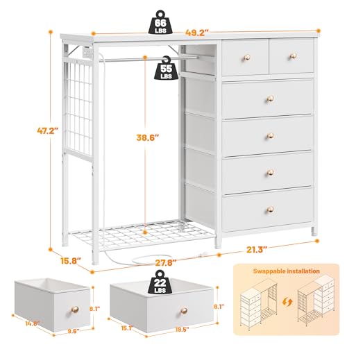 Black 6 Drawer Fabric Dresser with Hanging Rack H5430