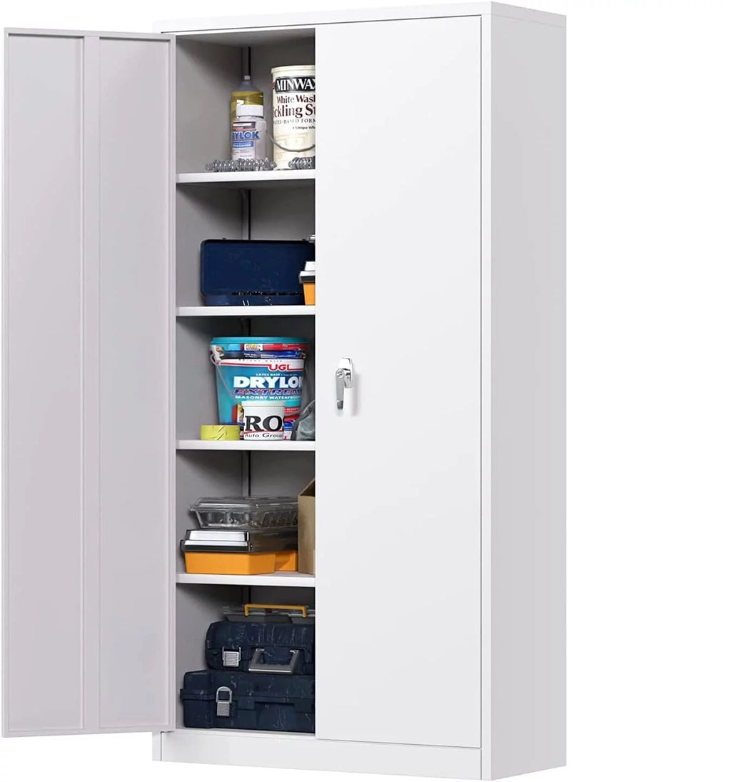 72 inch White Metal Storage Cabinet with Locking Doors and Adjustable Shelves E3459