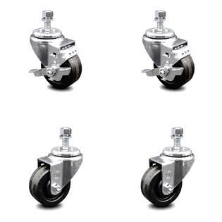 3 inch Phenolic Wheel Swivel Threaded Stem Caster Set 2 Brakes M5594