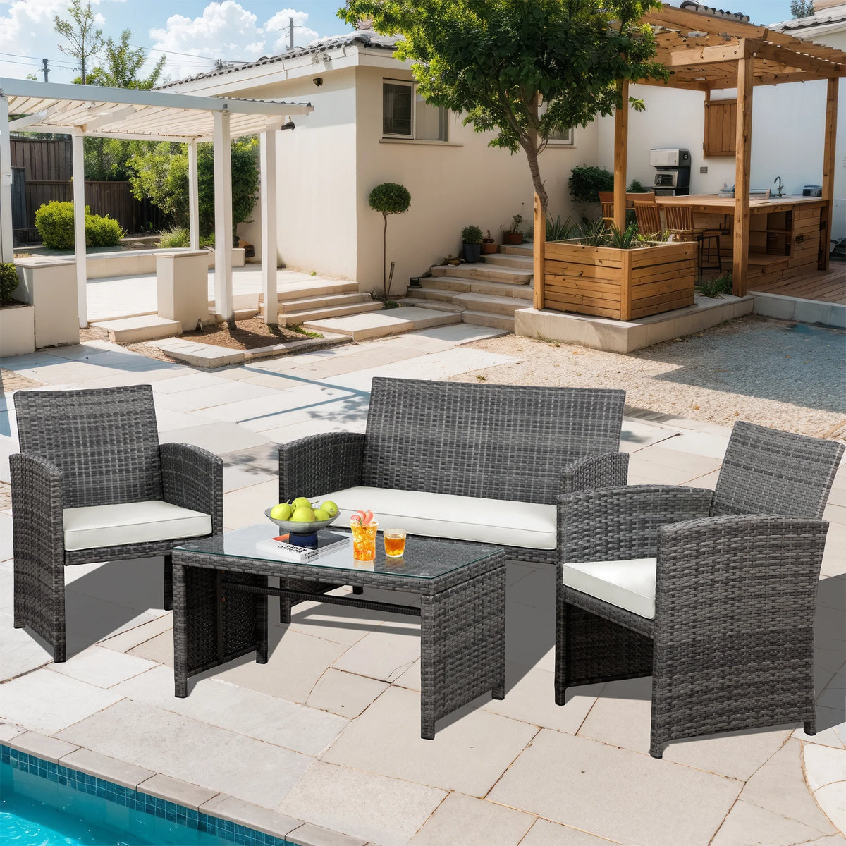 4 Piece Wicker Patio Furniture Set with Cushions D9075