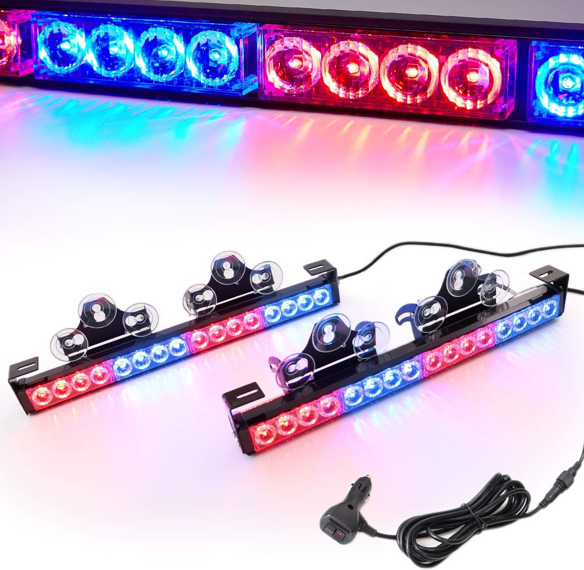 2 in 1 Emergency Strobe Light Bar 21 Flash Patterns Traffic Advisor Warning Hazard Windshield Safety Lights Bar with Cigar Lighter (2×16.8 inch, 32 Led) Pack of 2 C19199