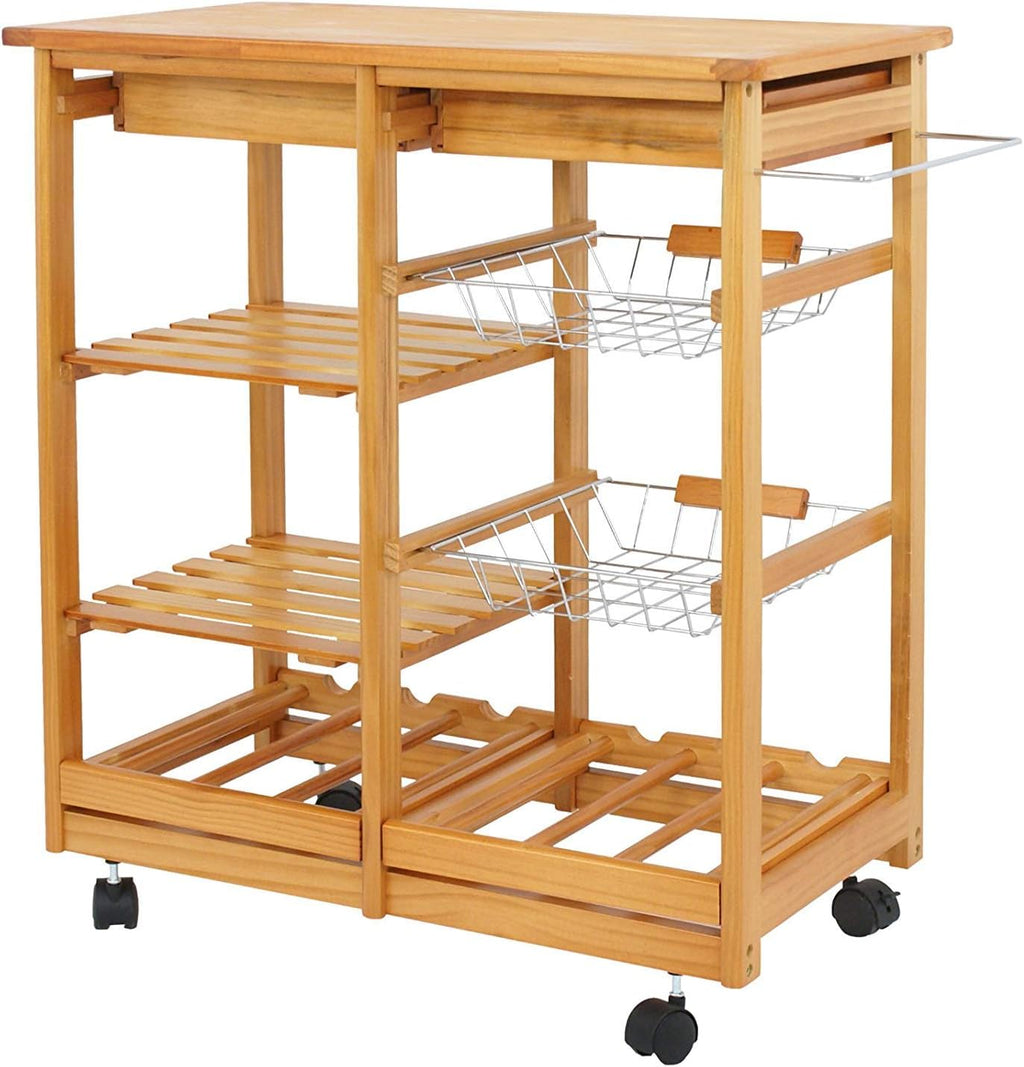 Wood Rolling Kitchen Island Storage Cart with Drawer Shelves Basket M4683