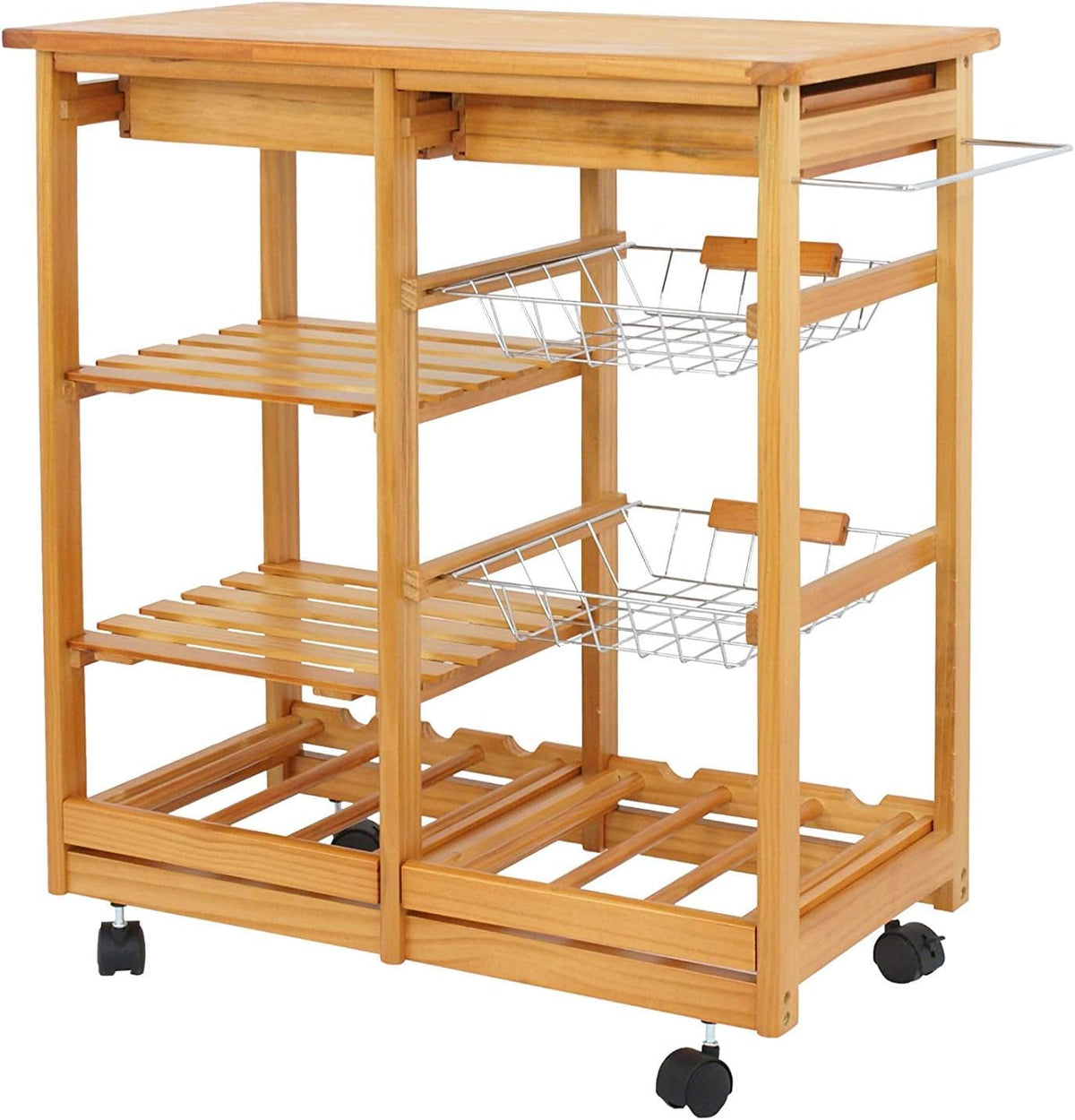 Wood Rolling Kitchen Island Storage Cart with Drawer Shelves Basket M4683