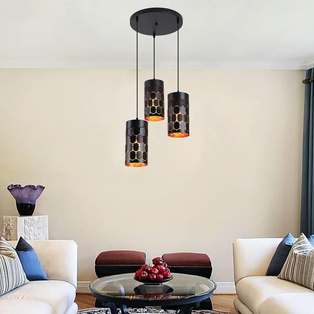 3-Light Kitchen Island Pendant Light Fixture, Gold Inner and Black V410