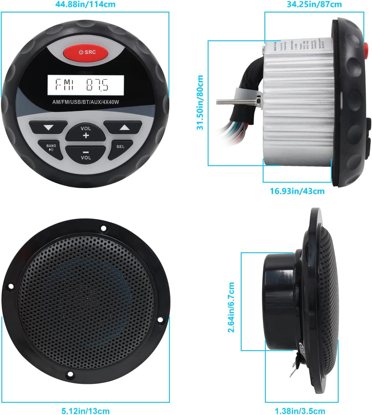 Marine Bluetooth Receiver AM FM Radio 4 inch Waterproof Speakers 2 Pairs Black Antenna D795