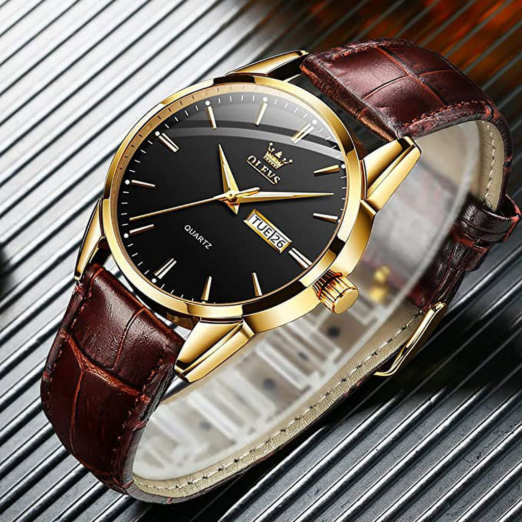 Men's Casual Analog Quartz Watch Brown/Black Leather Band E5927
