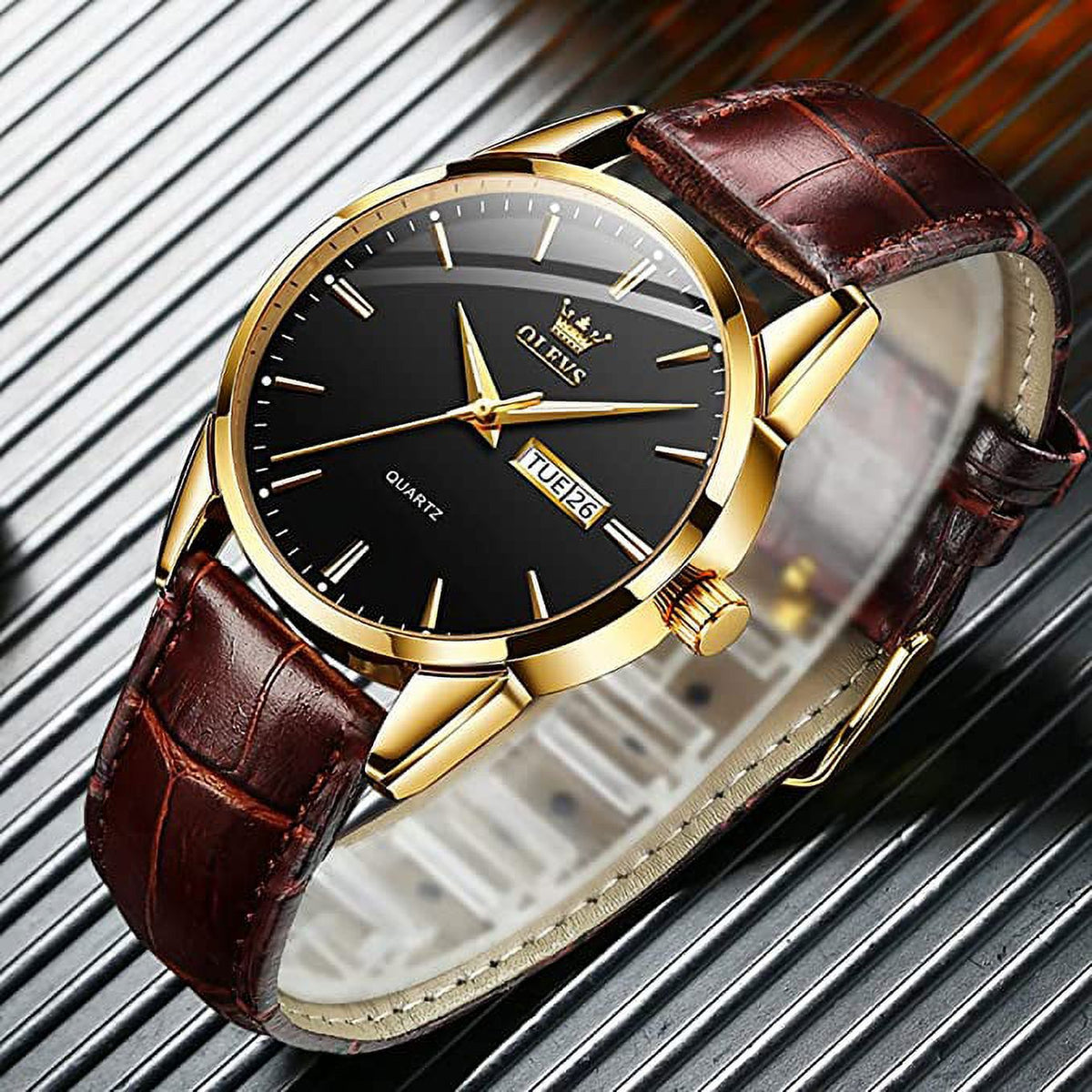 Men's Casual Analog Quartz Watch Brown/Black Leather Band E5927