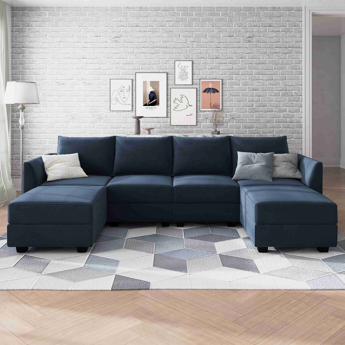 Navy Blue Velvet Modular Sleeper Sofa with Storage Ottomans B600273
