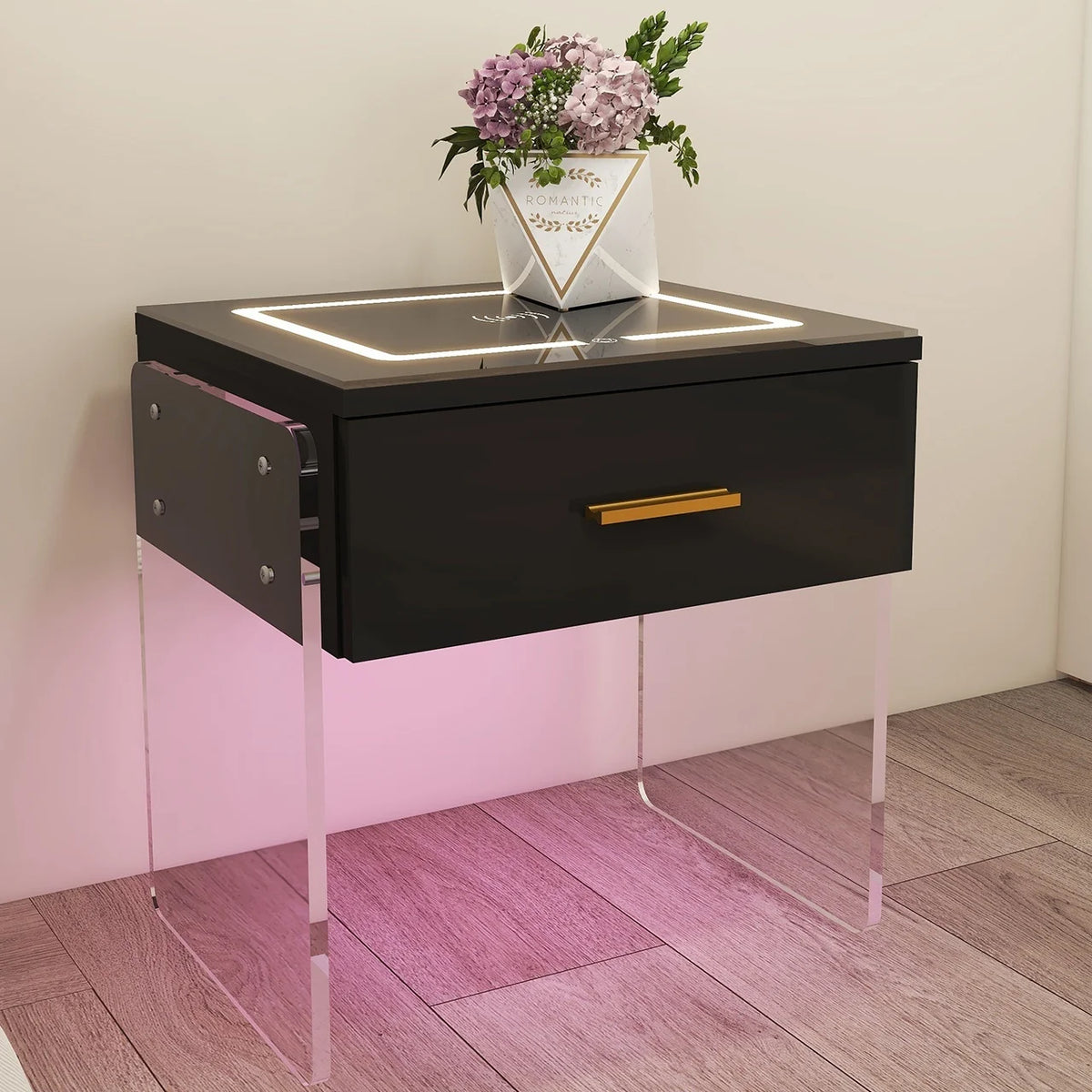 Black Nightstand with Wireless Charging Station and LED Lights X135315