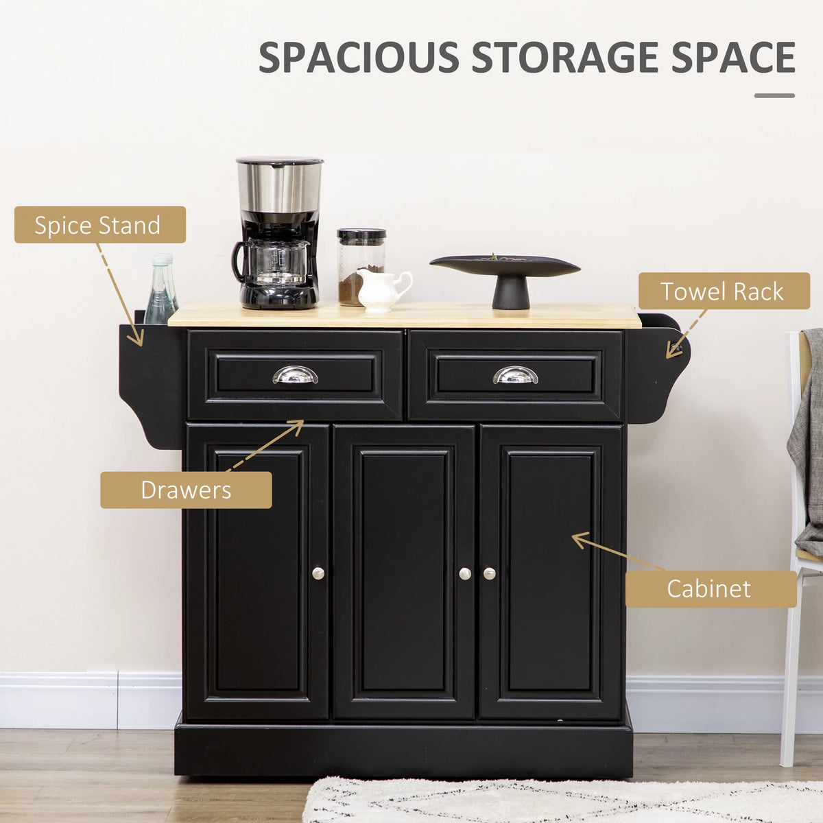 Kitchen Island on Wheels Black Storage Cabinet R45551