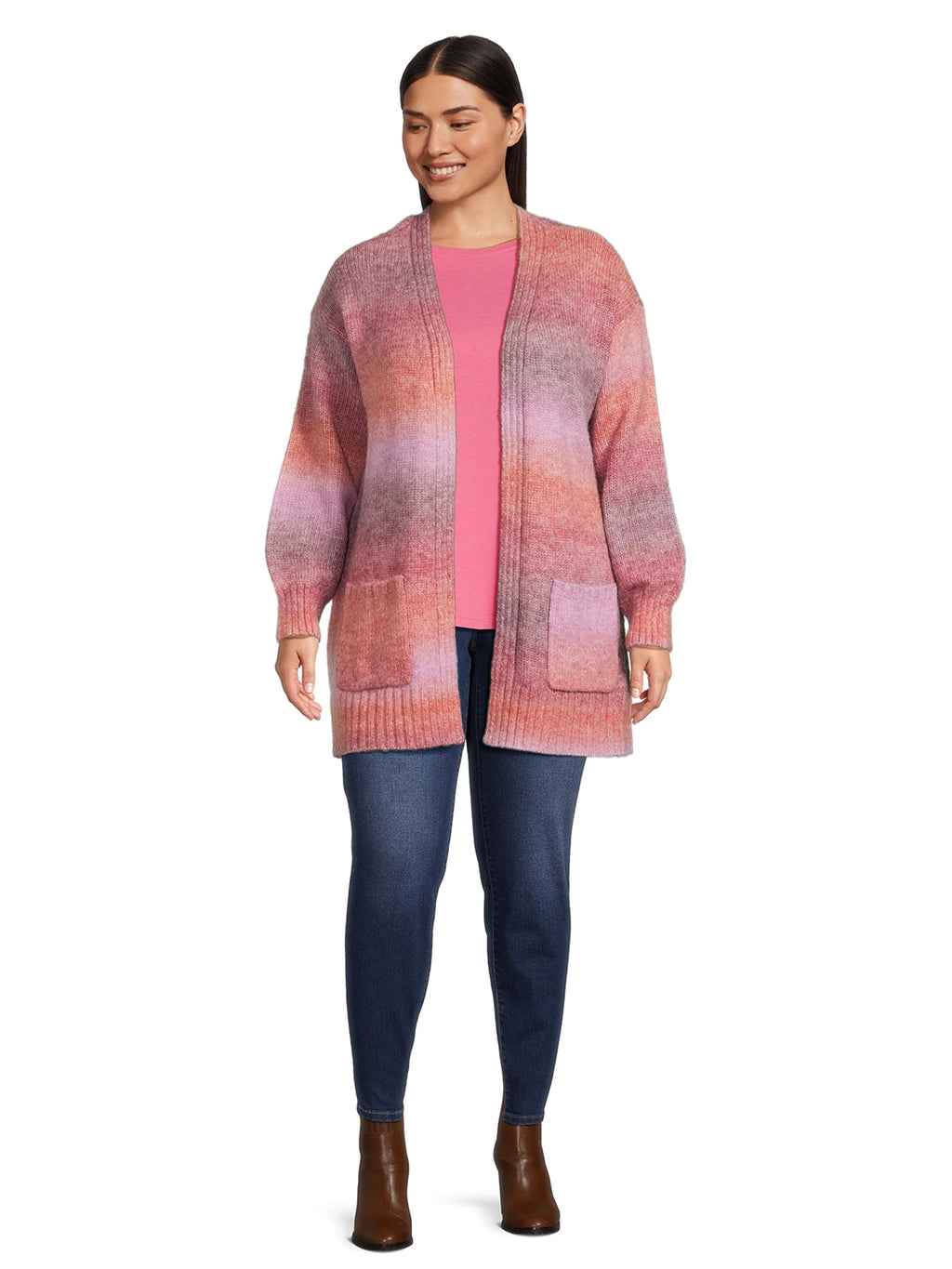 Women's Plus Size Drop Shoulder Open Cardigan with Balloon Sleeves K78603