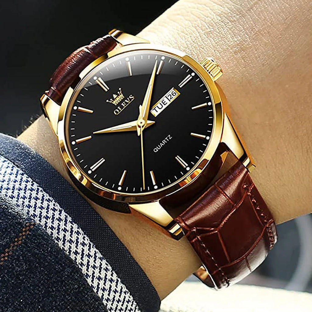Men's Casual Analog Quartz Watch Brown/Black Leather Band E5927