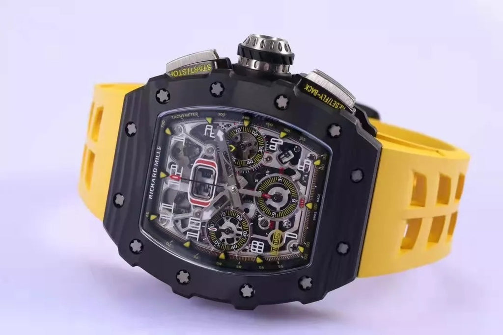 Skeleton Dial Black Bezel Yellow Rubber Strap F164965