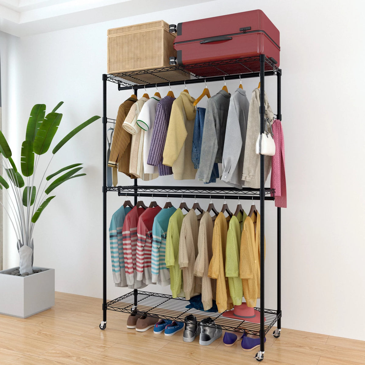 Portable Double Rod Garment Rack with Adjustable Shelves & Wheels Black P822
