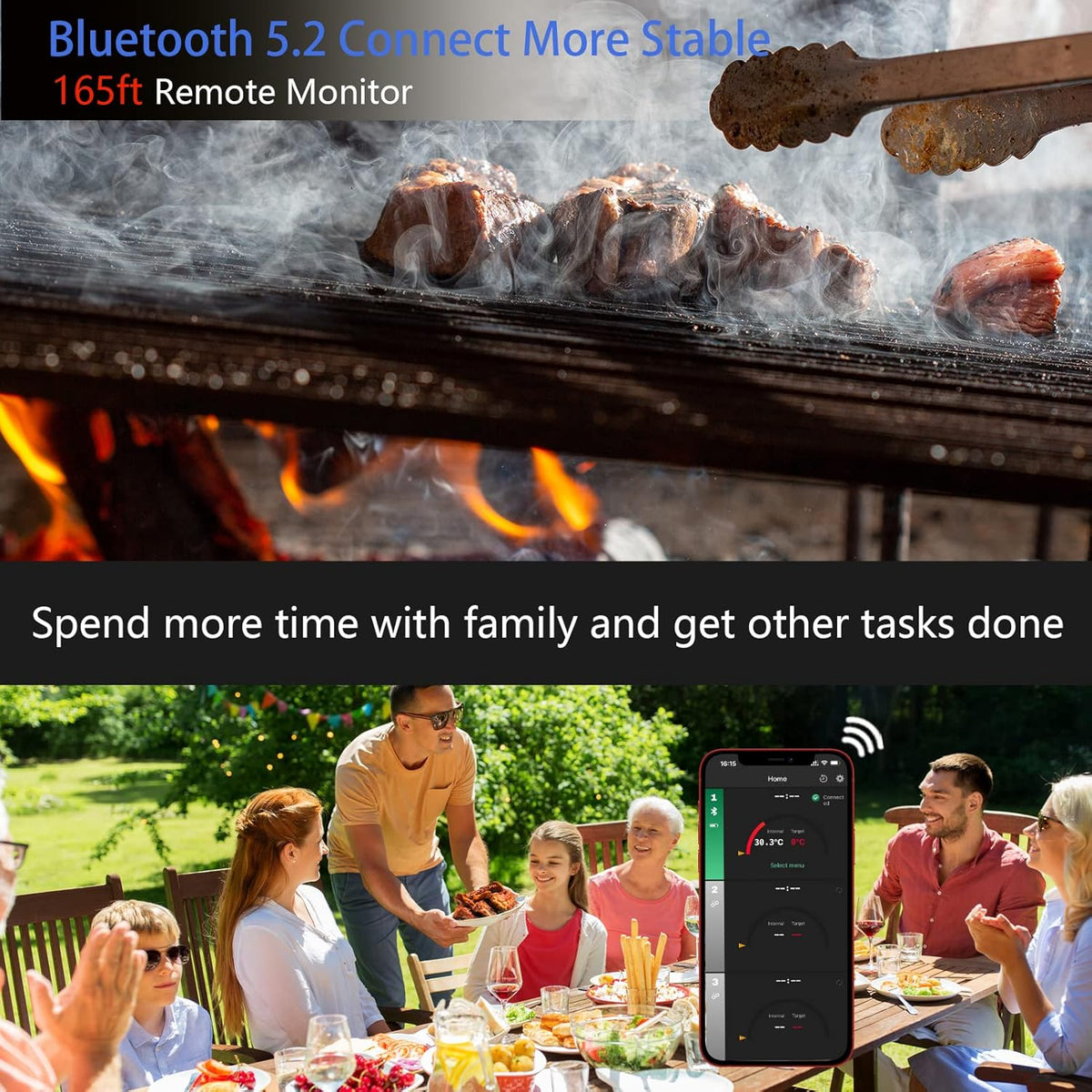 Wireless Meat Thermometer with Bluetooth, 165ft Range, Rechargeable, 1-Probe C490689