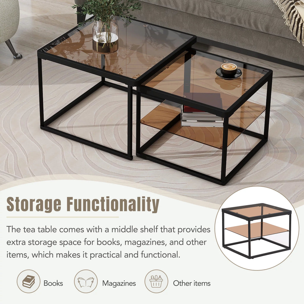 Brown Tempered Glass Coffee Table Set with Metal Frame Z7158