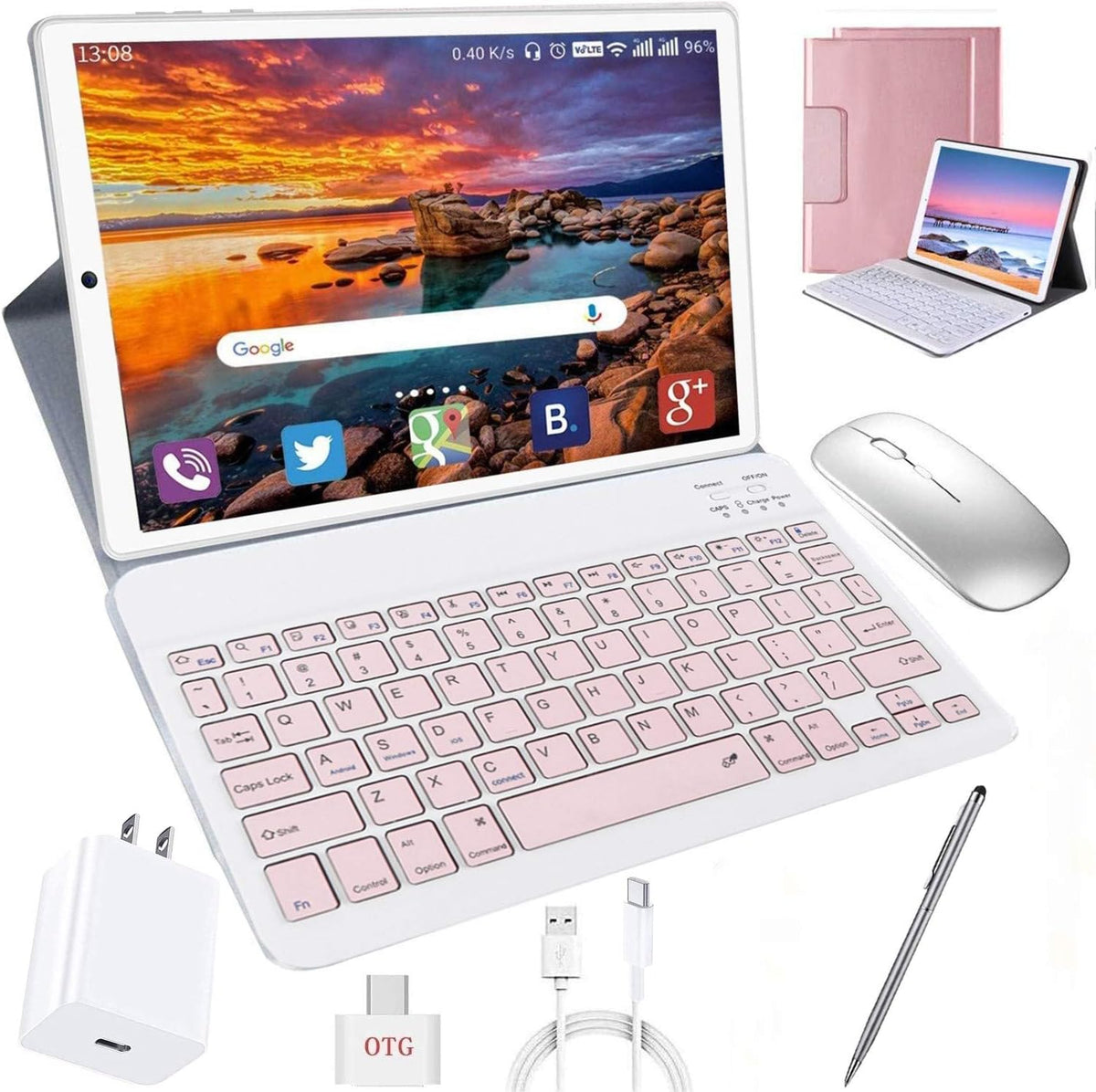 Pink Tablet with Wireless Keyboard Case and Mouse K728
