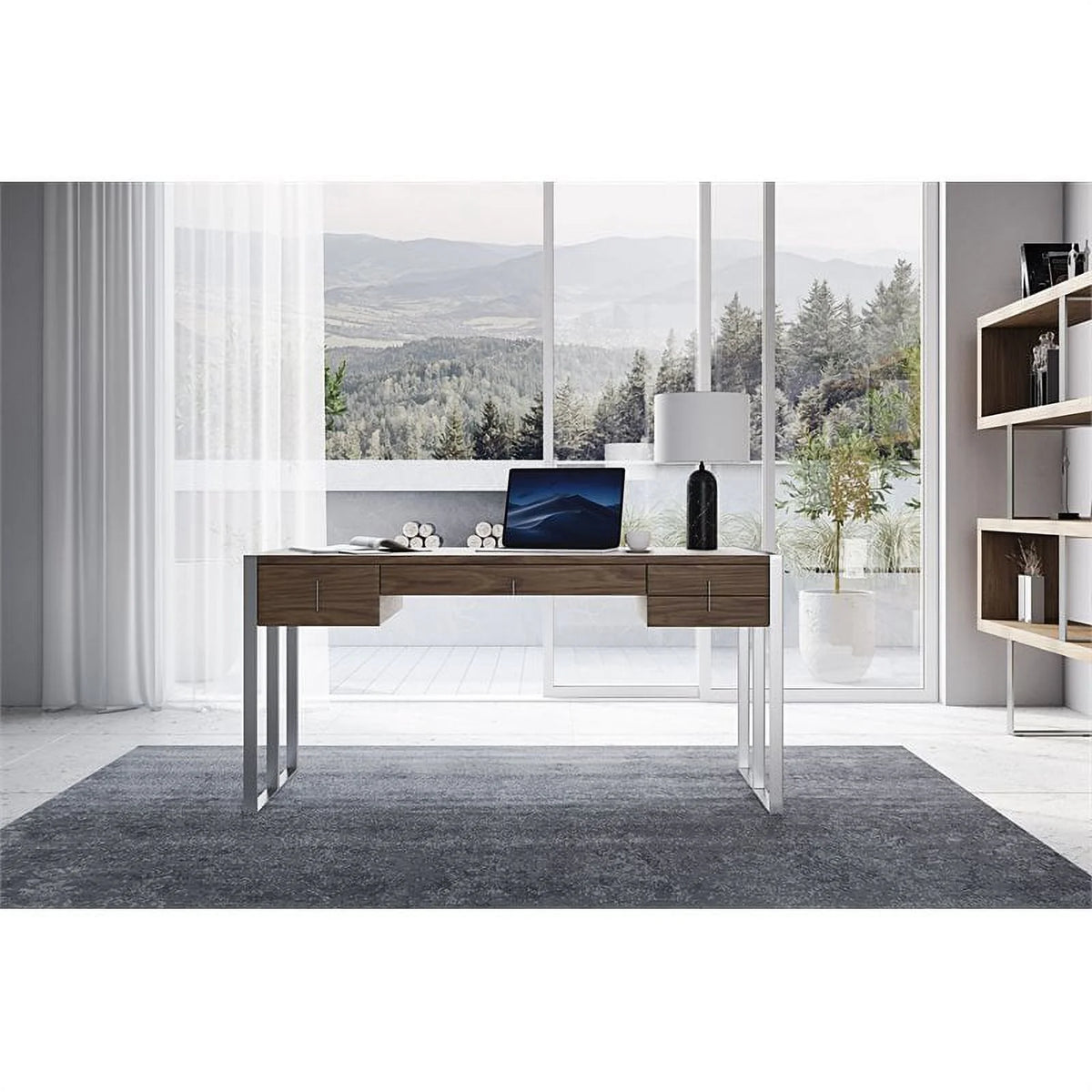 Walnut 4-Drawer Wood & Stainless Steel Desk A4615