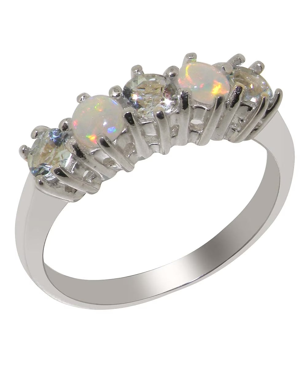 925 Sterling Silver Natural Aquamarine & Opal Eternity Ring O62720
