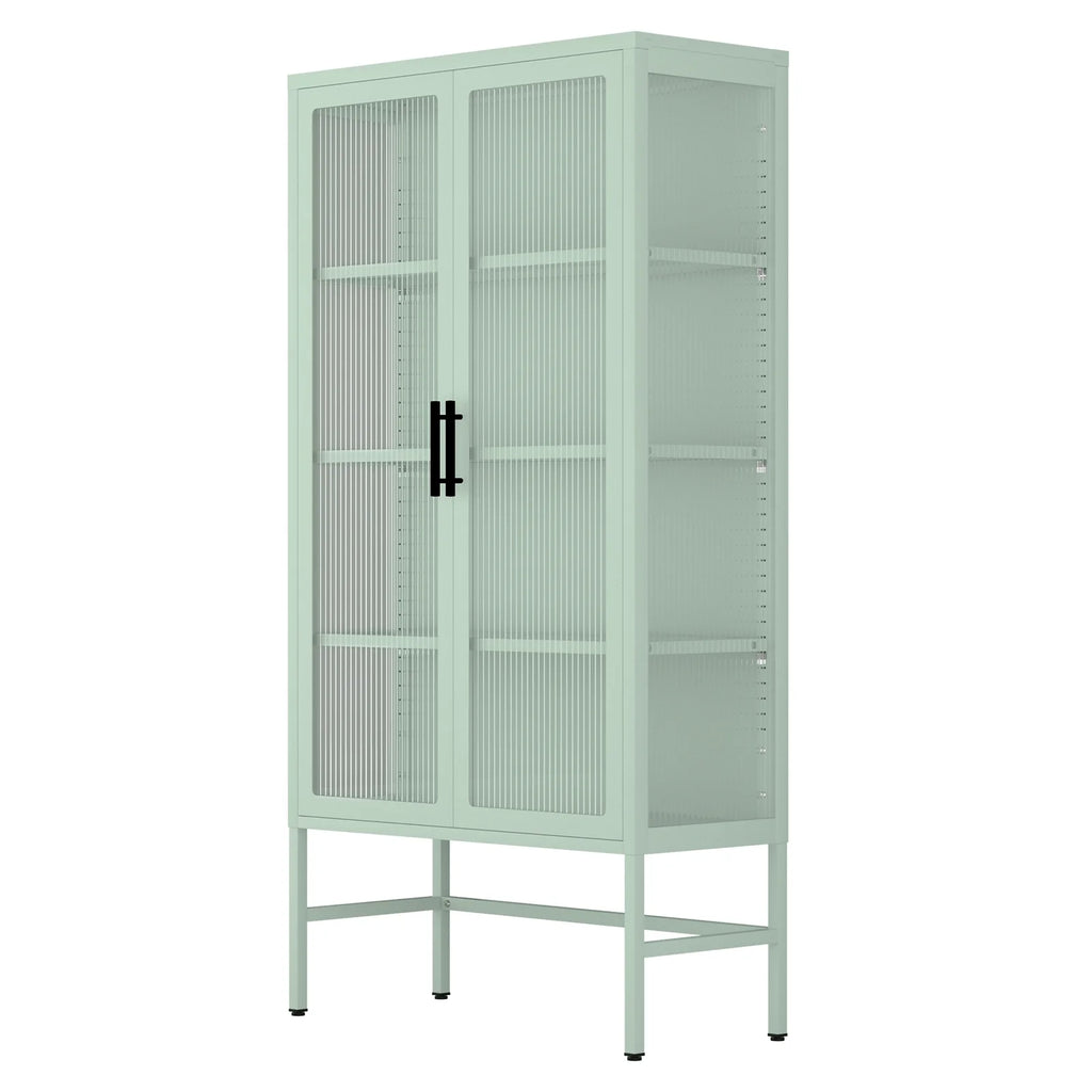Mint green Double Glass Door Adjustable Shelves Cold-Rolled Steel Storage Cabinet N931914