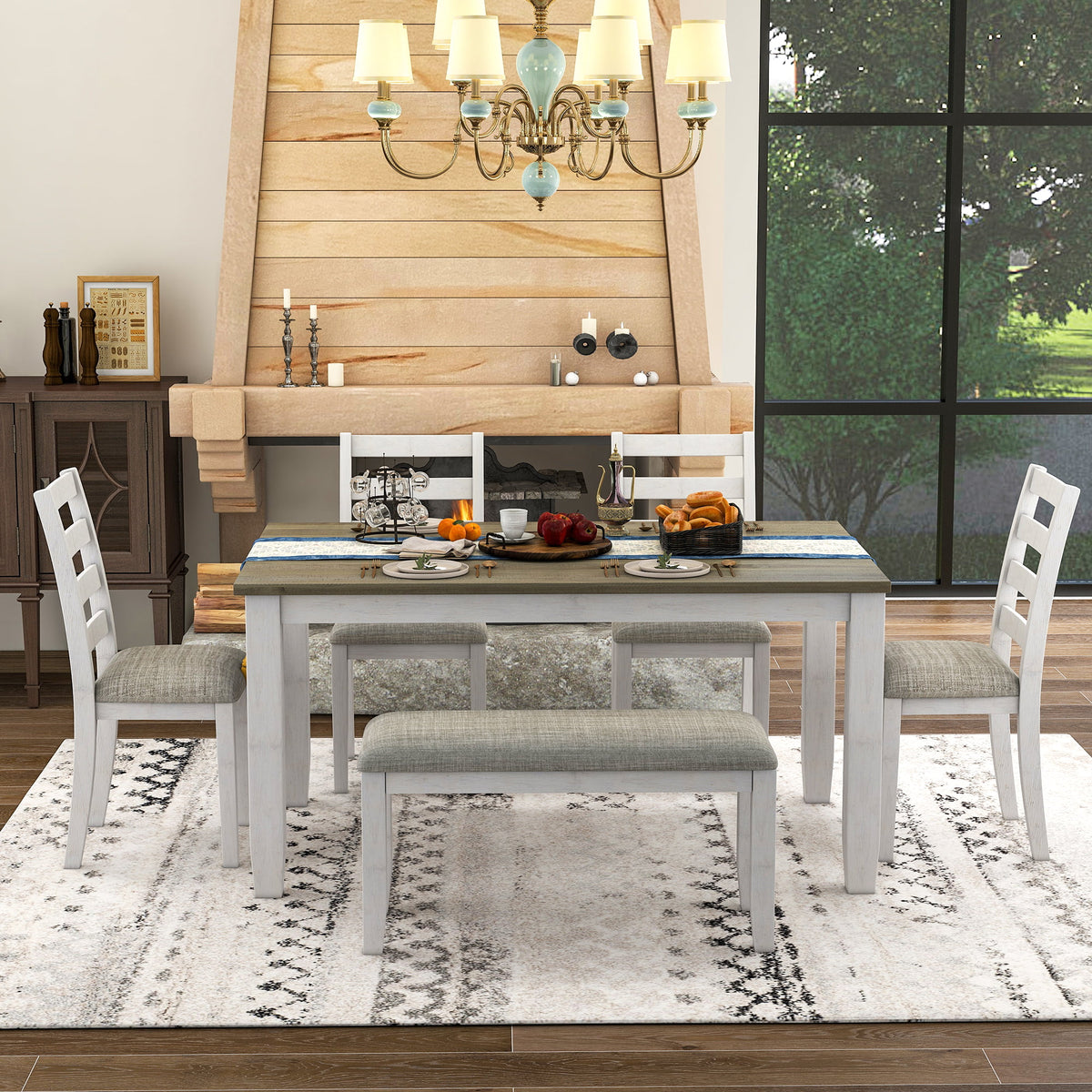 6-Piece Dining Table Set with 4 Upholstered Chairs and Bench T57729