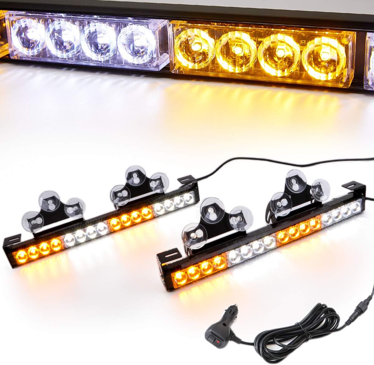 2 in 1 Emergency Strobe Light Bar 21 Flash Patterns Traffic Advisor Warning Hazard Windshield Safety Lights Bar with Cigar Lighter (2×16.8 inch, 32 Led) Pack of 2 C19199