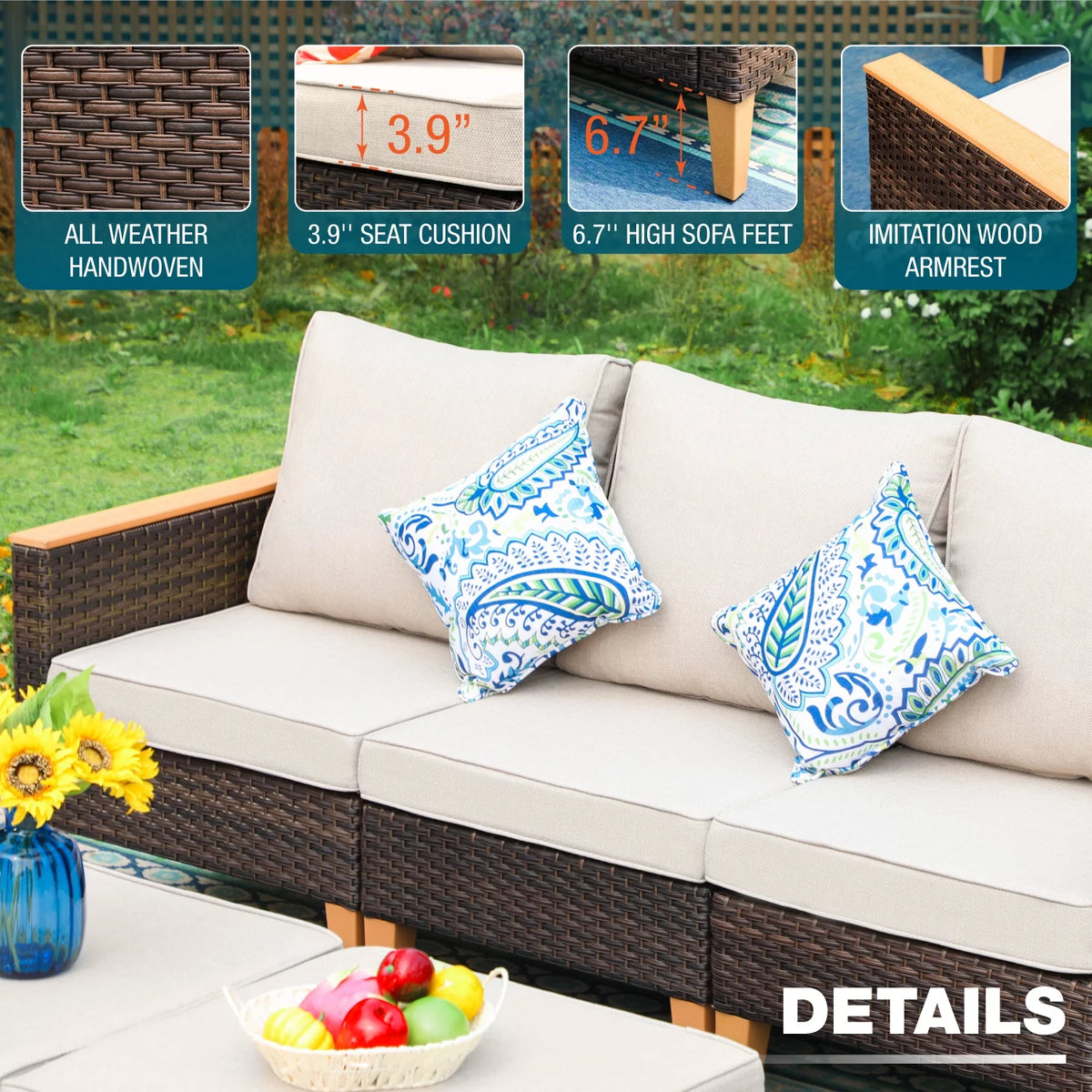 7 Piece Beige Wicker Patio Conversation Set U80574