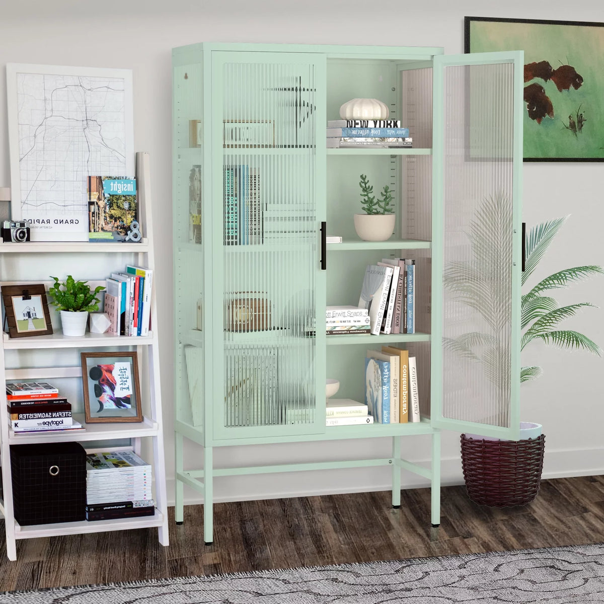 Mint green Double Glass Door Adjustable Shelves Cold-Rolled Steel Storage Cabinet N931914