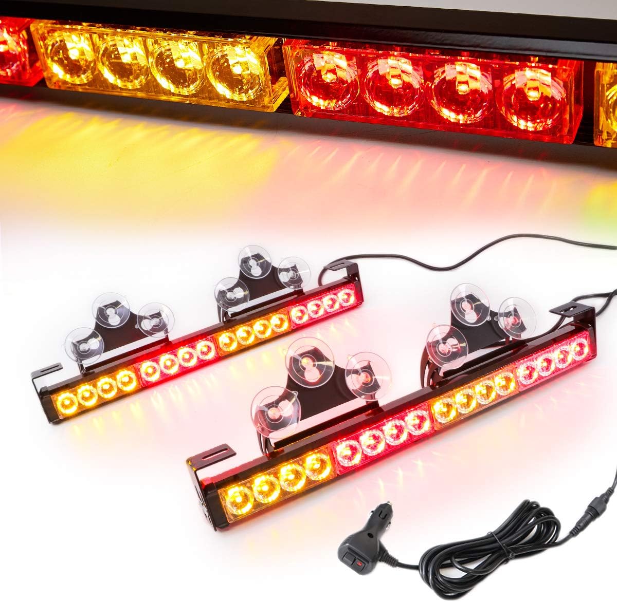 2 in 1 Emergency Strobe Light Bar 21 Flash Patterns Traffic Advisor Warning Hazard Windshield Safety Lights Bar with Cigar Lighter (2×16.8 inch, 32 Led) Pack of 2 C19199