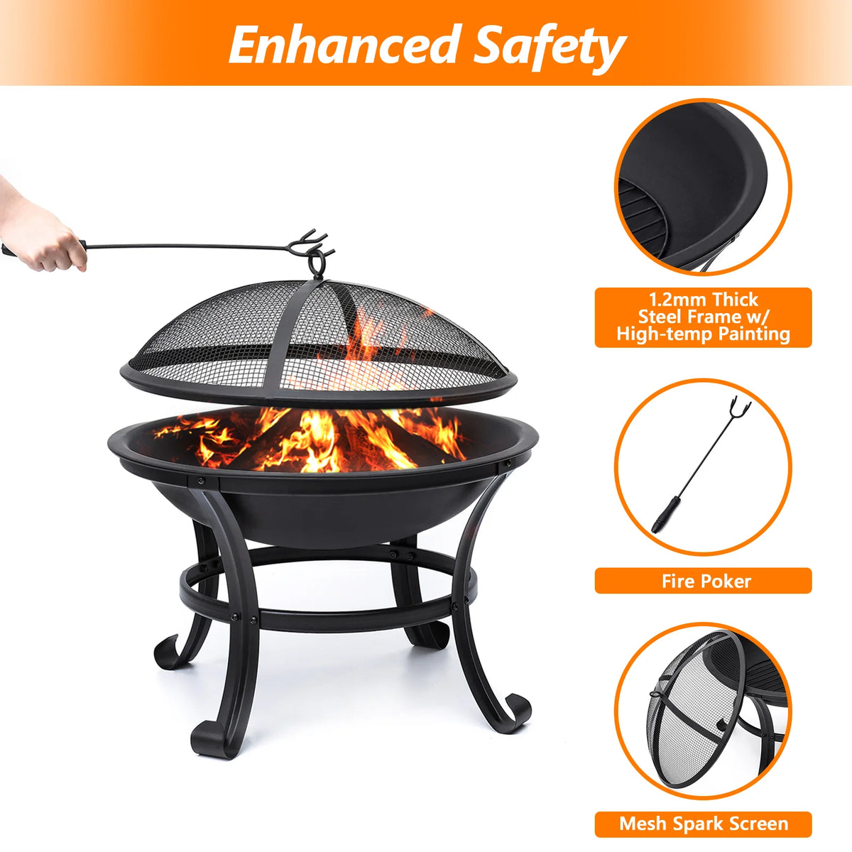 22 inch Portable Wood Burning Fire Pit Bowl with Spark Screen, Log Grate, Poker I238