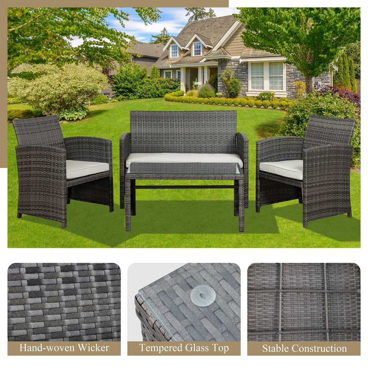 4 Piece Wicker Patio Furniture Set with Cushions D9075