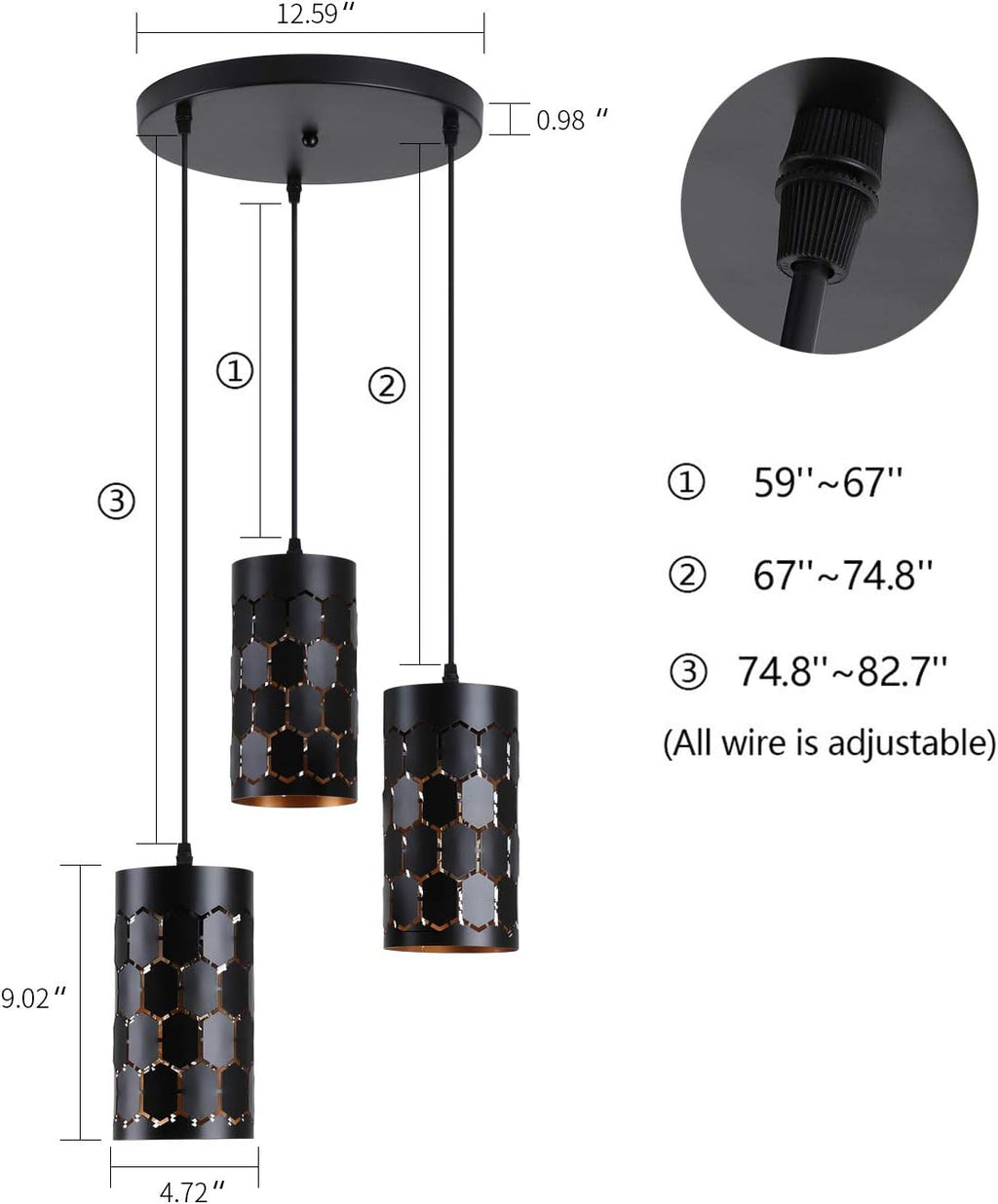 3-Light Kitchen Island Pendant Light Fixture, Gold Inner and Black V410