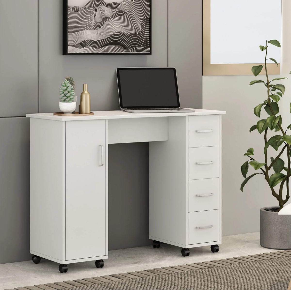 White Computer Desk with Drawers and Locker X290