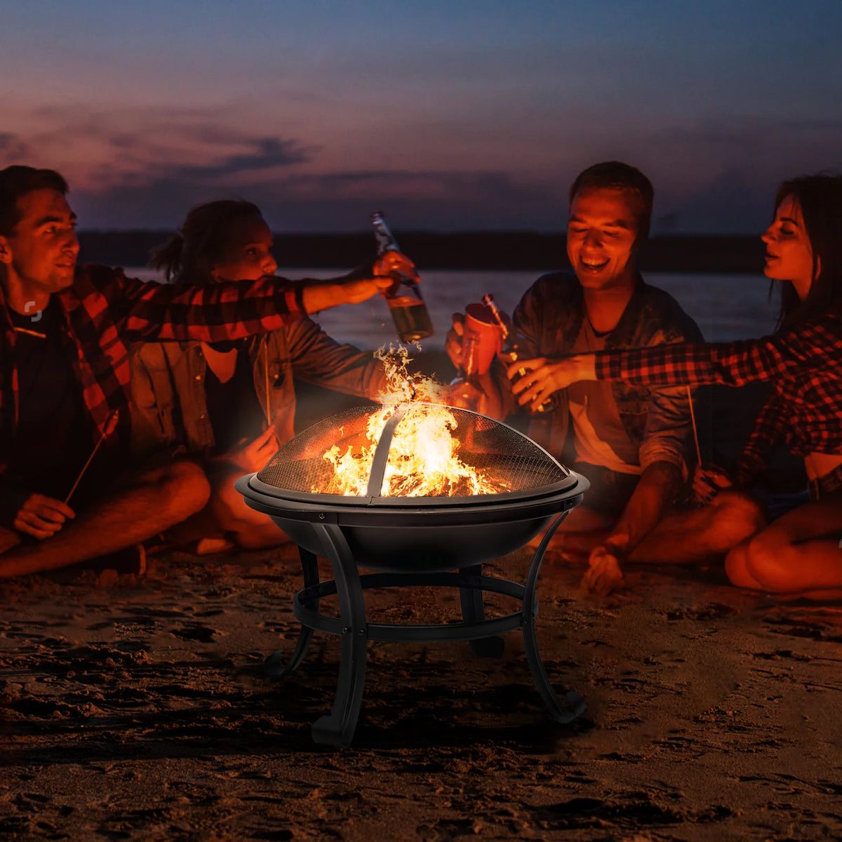 22 inch Portable Wood Burning Fire Pit Bowl with Spark Screen, Log Grate, Poker I238