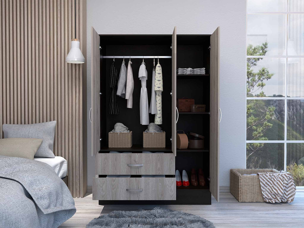 Light Oak Black Three Door Wardrobe Closet with Mirror S60394