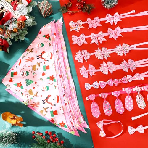 48 Pcs Pink Christmas Dog Bandanas Bow Collars and Ties Set E727251