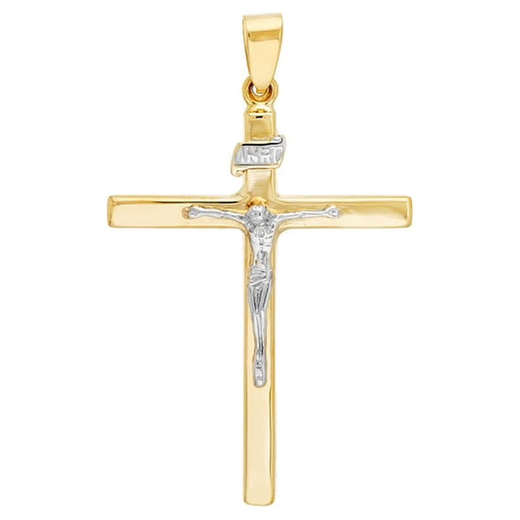 14k Yellow and White Gold Square Tube Cross Pendant Necklace A6575