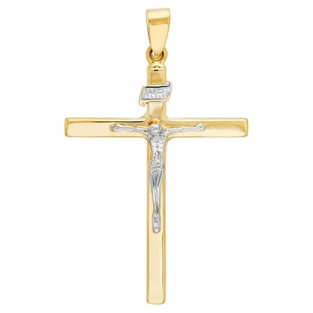 14k Yellow and White Gold Square Tube Cross Pendant Necklace A6575