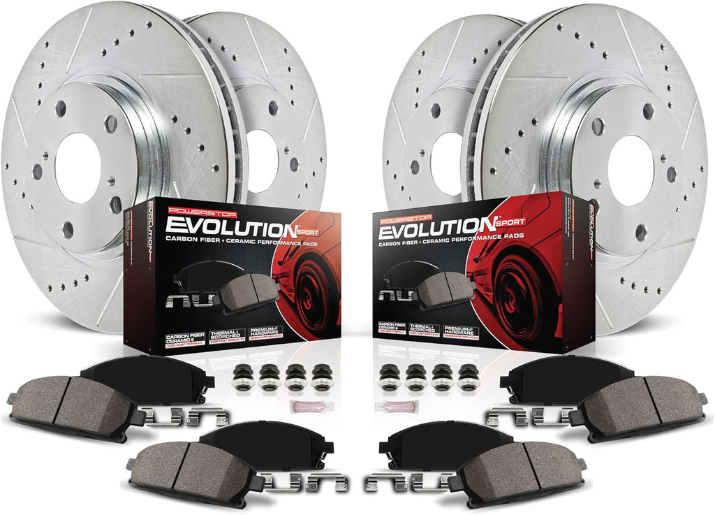 Front and Rear Carbon Fiber Brake Pads with Drilled & Slotted Brake Rotors Kit S915755