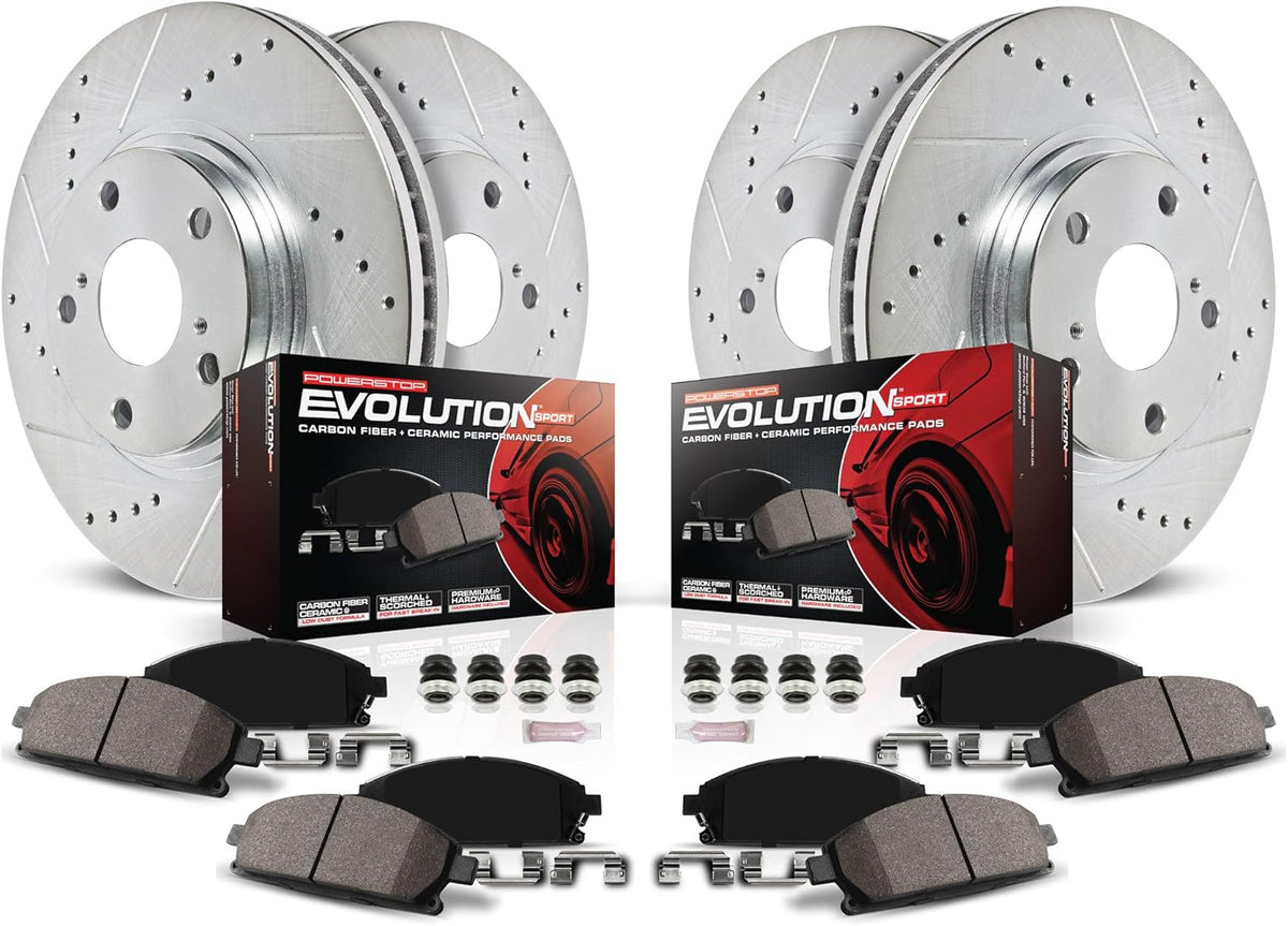 Front and Rear Carbon Fiber Brake Pads with Drilled & Slotted Brake Rotors Kit S915755