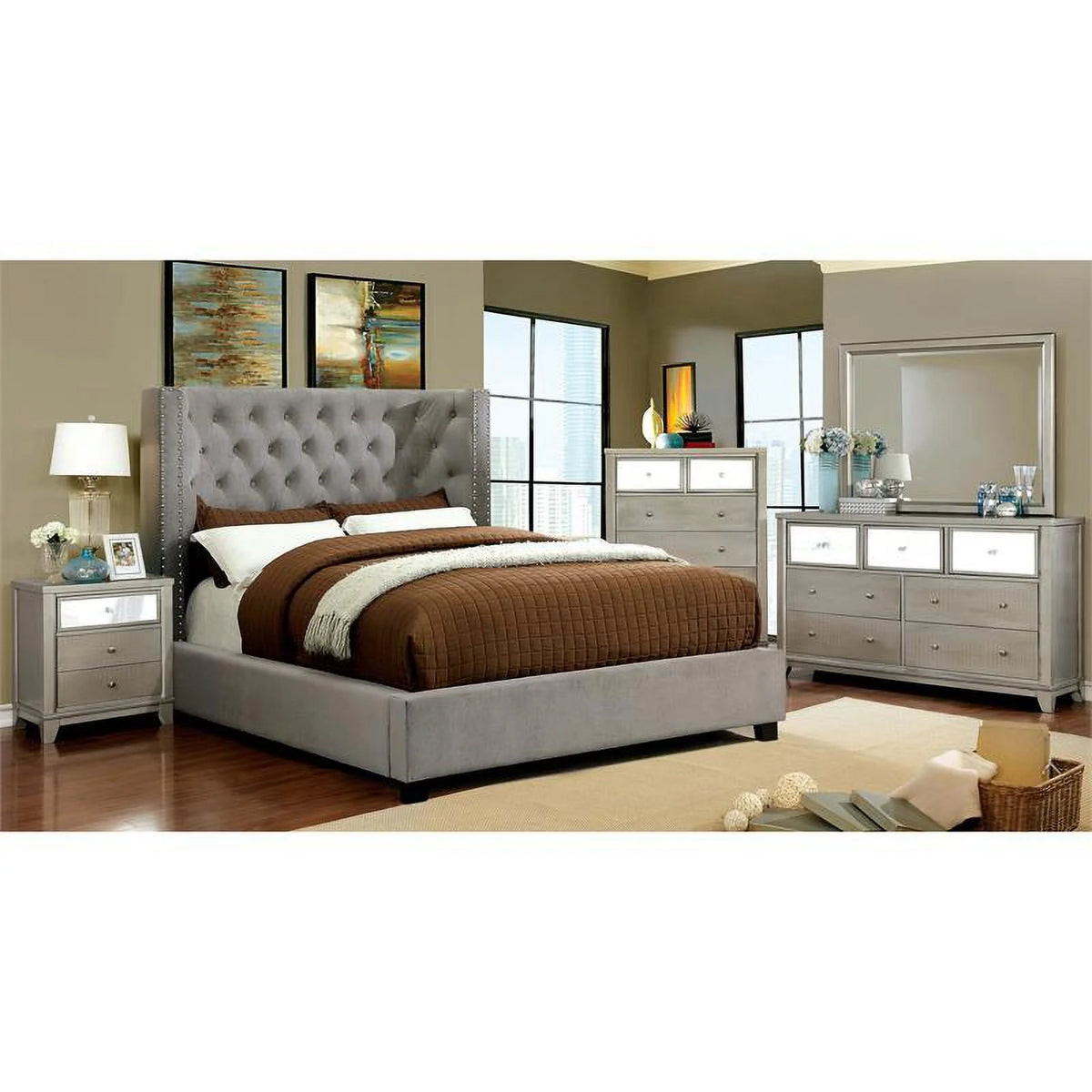 Gray Fabric Wingback California King Bed C79047