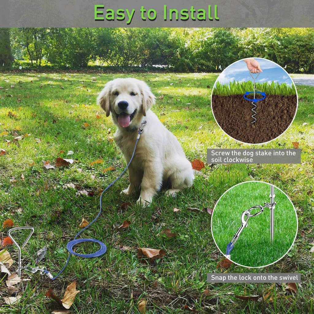 Dog Tie Out Cable and Anti Rust Spiral Stake, 30ft Leash H781878