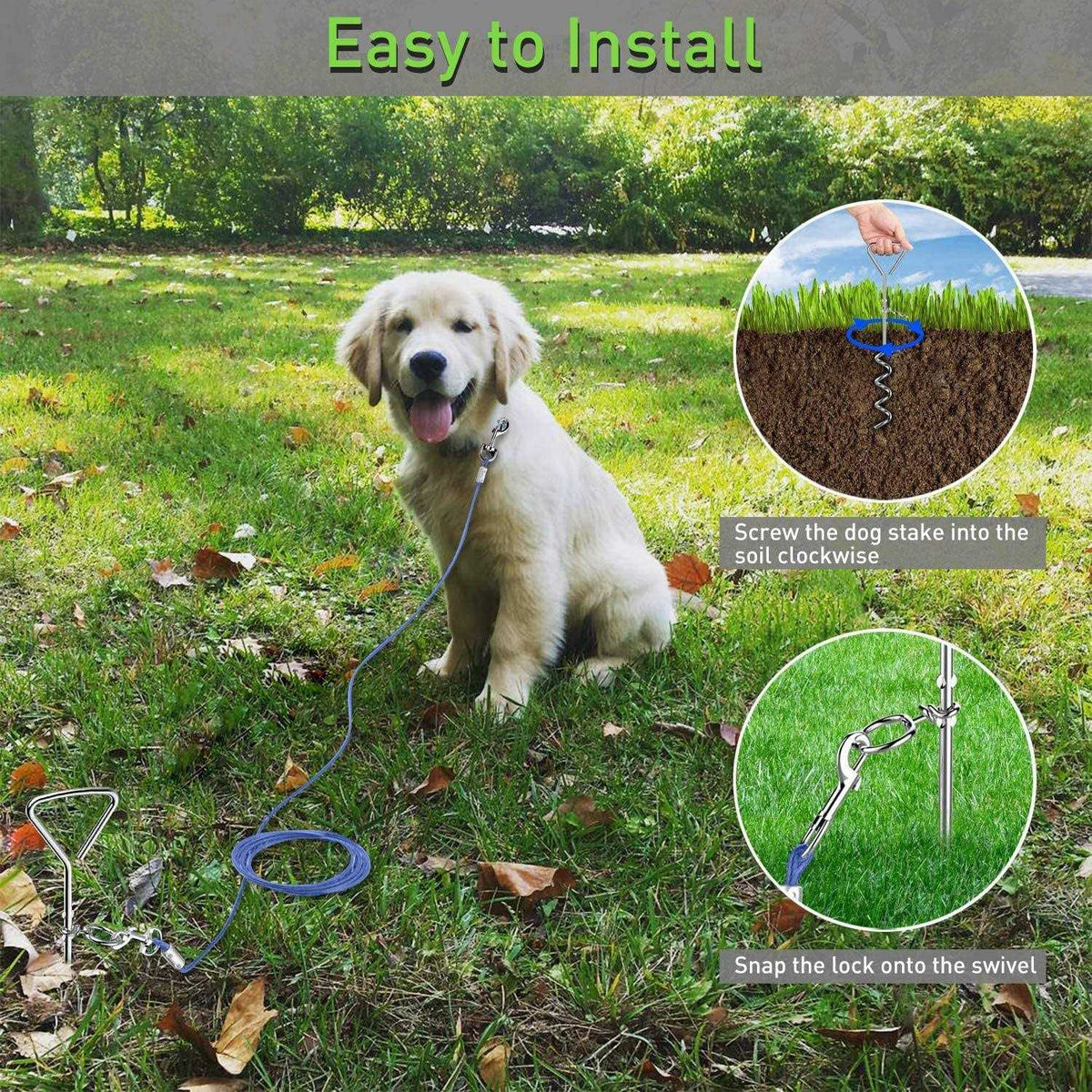 Dog Tie Out Cable and Anti Rust Spiral Stake, 30ft Leash H781878