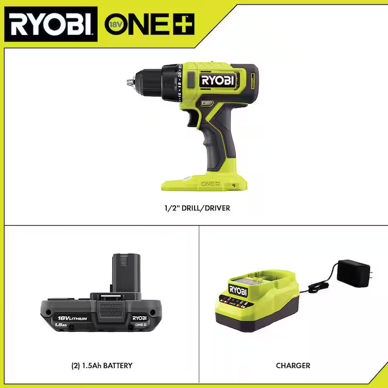 18V Cordless 1/2 in. Drill/Driver Kit with 1.5 Ah Batteries and Charger R91360