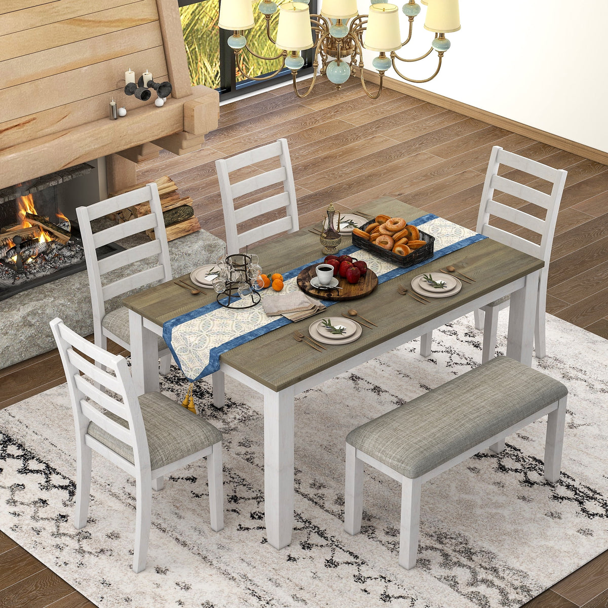 6-Piece Dining Table Set with 4 Upholstered Chairs and Bench T57729