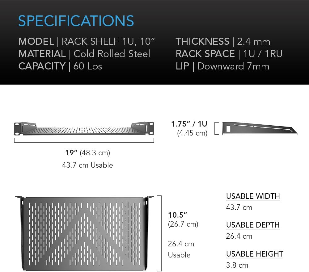 Vented Cantilever 1U Universal Rack Shelf, 10 Deep, Heavy-Duty 2.4mm Cold Rolled Steel, 60lbs Capacity Pack of 2 W72821