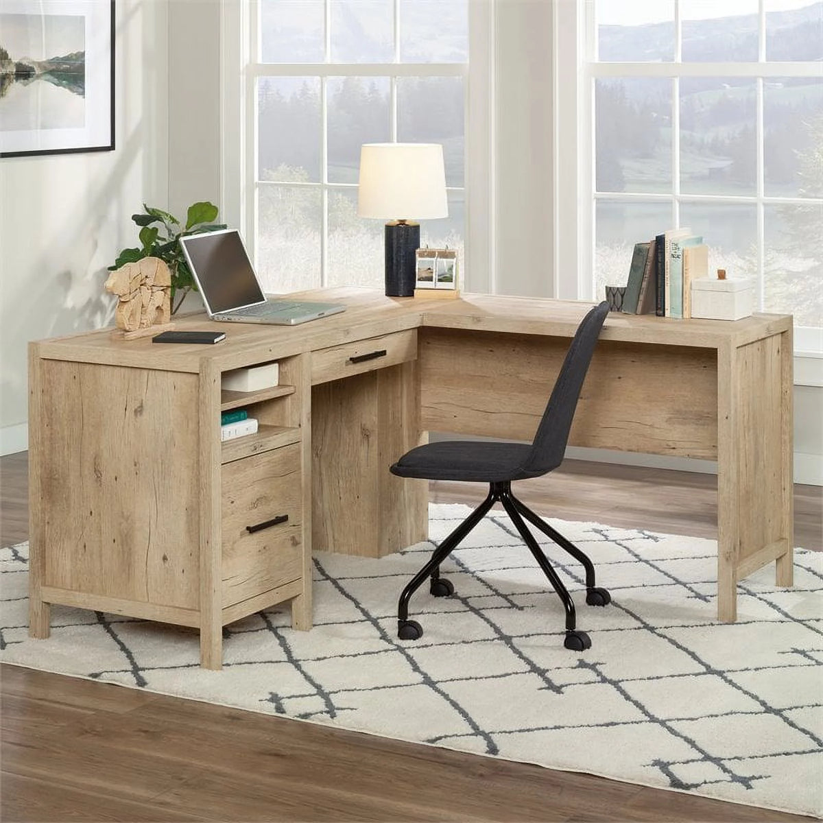 L-Shaped Engineered Wood Home Office Desk in Prime Oak A237117