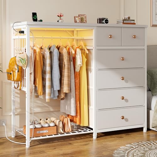 Black 6 Drawer Fabric Dresser with Hanging Rack H5430