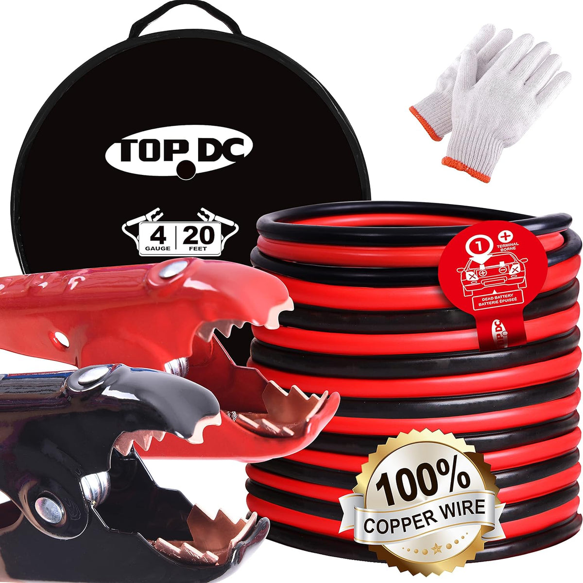 100% Copper Jumper Cables 4 Gauge 20 Feet Heavy Duty Booster Cables with Carry Bag and Safety Gloves Y503211